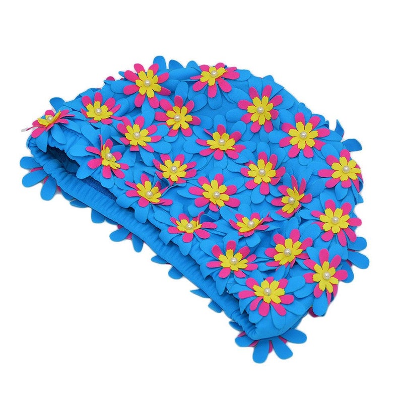 Medifier Swim Cap Floral Petal Retro Style Bathing Caps for Women Blue - Image 2